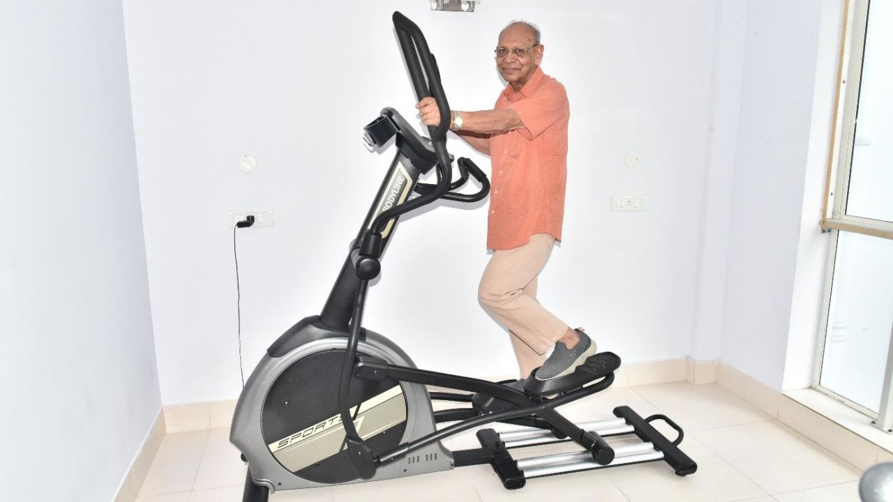 retired people doing exercise in future living homes