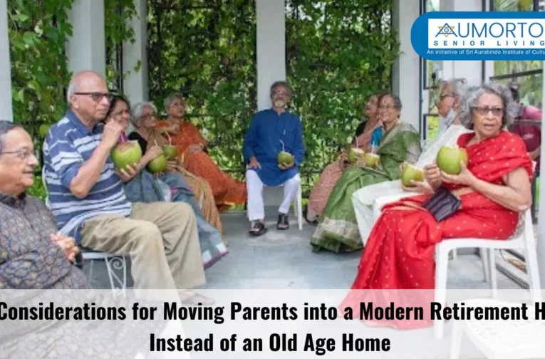 Group of seniors enjoying adda and tea time in a vibrant retirement home community.
